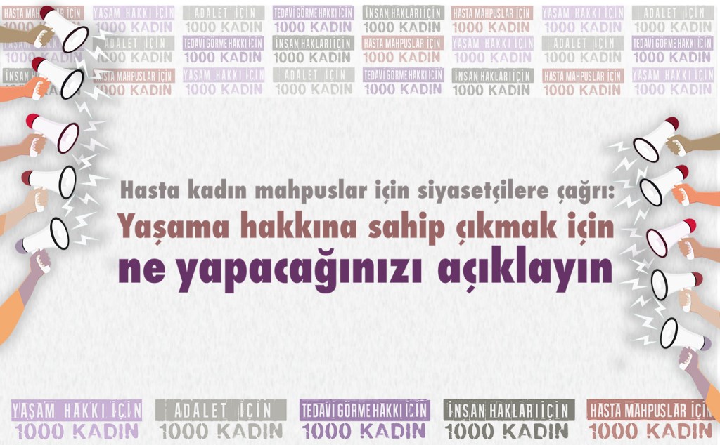 Yatay dörtgen görselin solunda ve sağında illüstrasyon olarak yer alan kahve, turuncu, eflatun, bej gibi farklı ten renklerindeki eller beyaz megafonlar tutuyorlar. megafonların arka bölümleri de farklı renklerde. Megafonların geniş kısımlarından kompozisyonun merkezine doğru beyaz şimşekler çıkıyor. Ortada "Hasta kadın mahpuslar için siyasetçilere çağrı:
Yaşama hakkına sahip çıkmak için
ne yapacağınızı açıklayın"
cümleleri yer alıyor. En üstte ve altta, Yaşam Hakkı İçin 1000 Kadın, Adalet İçin 1000 Kadın, Tedavi Görme Hakkı İçin 1000 kadın, İnsan Hakları İçin 1000 kadın, Hasta Mahpuslar İçin 1000 kadın ifadelerinin farklı renklerde yinelenmesiyle oluşan zemin dokusu var.